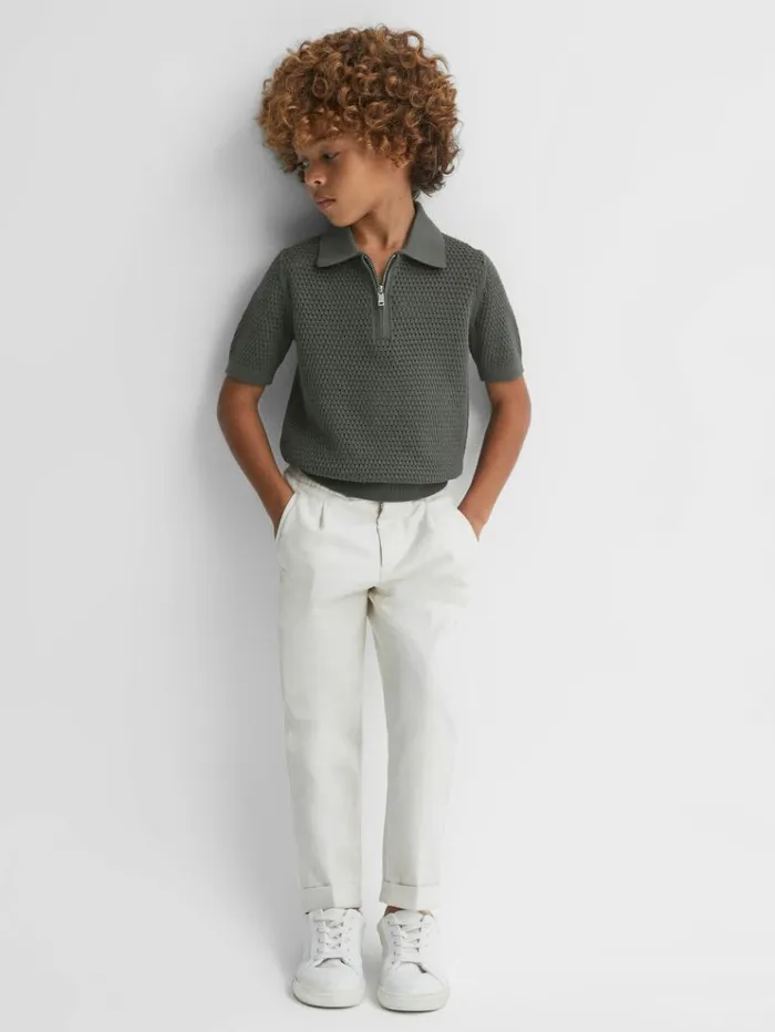 REISS Sweaters Children Textured HalfZip Polo TShirt Dark Sage