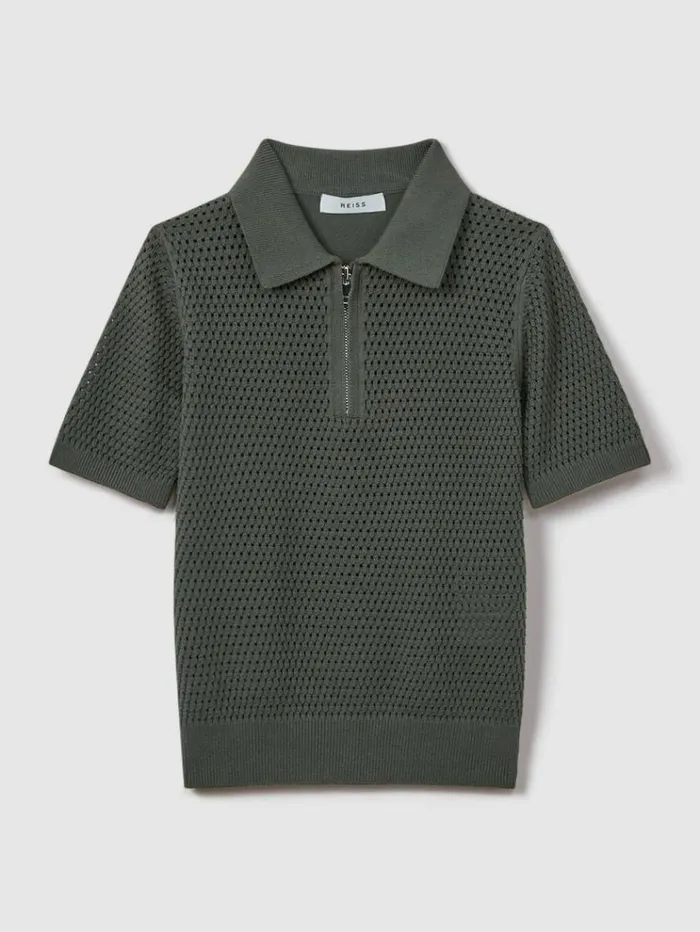 REISS Sweaters Children Textured HalfZip Polo TShirt Dark Sage