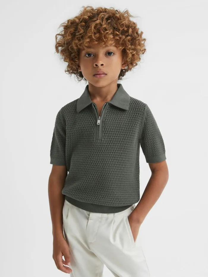 REISS Sweaters Children Textured HalfZip Polo TShirt Dark Sage