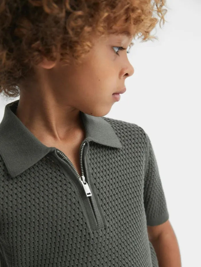 REISS Sweaters Children Textured HalfZip Polo TShirt Dark Sage