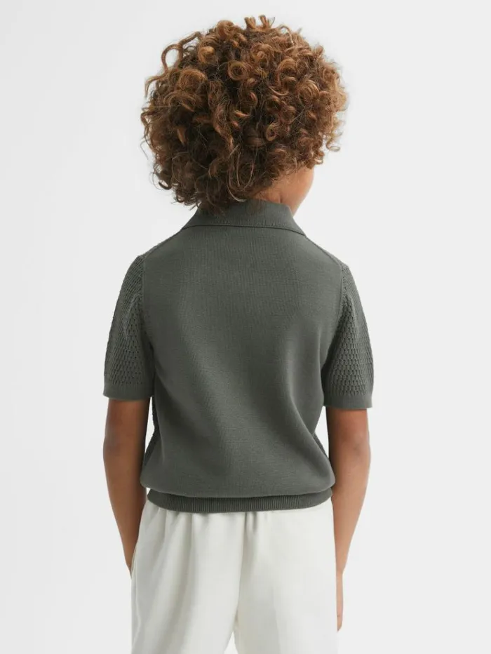 REISS Sweaters Children Textured HalfZip Polo TShirt Dark Sage