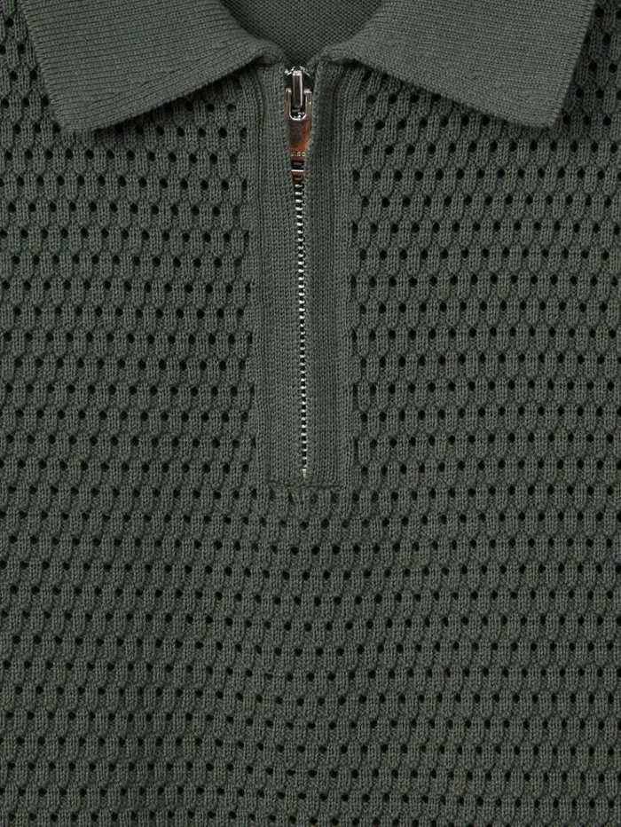 REISS Sweaters Children Textured HalfZip Polo TShirt Dark Sage