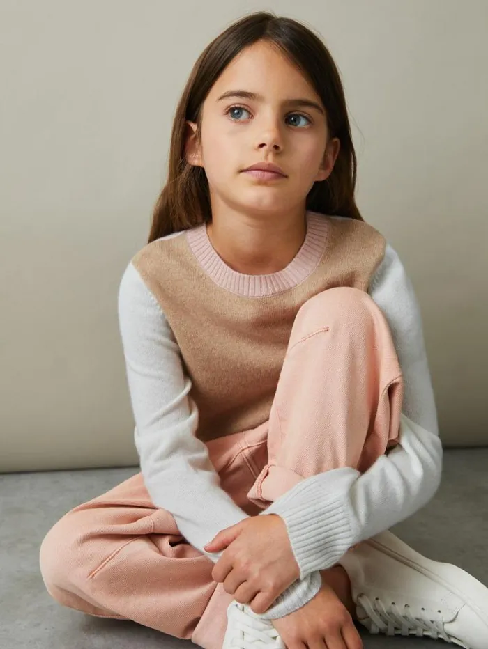 REISS Sweaters Children Wool Blend Striped Crew Neck Jumper Camel