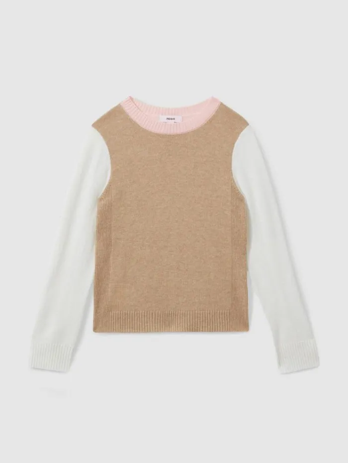 REISS Sweaters Children Wool Blend Striped Crew Neck Jumper Camel
