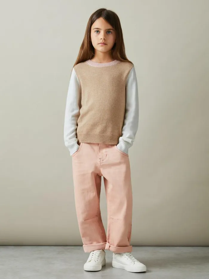 REISS Sweaters Children Wool Blend Striped Crew Neck Jumper Camel