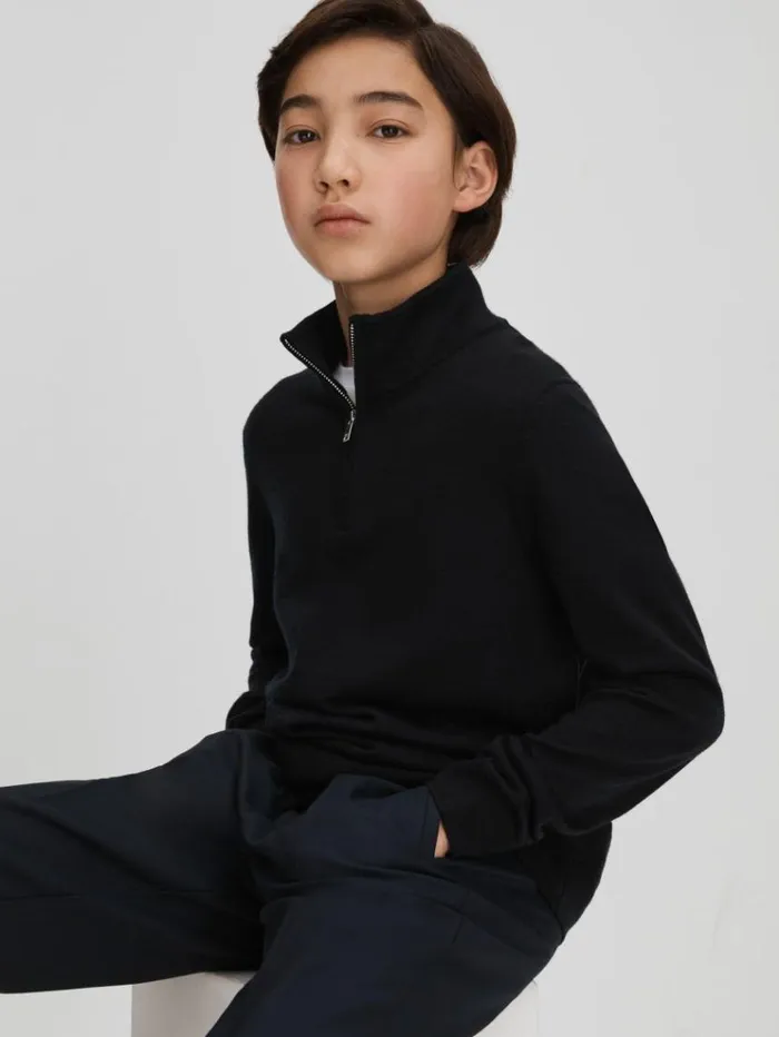 REISS Sweaters Children Wool HalfZip Funnel Neck Jumper Navy