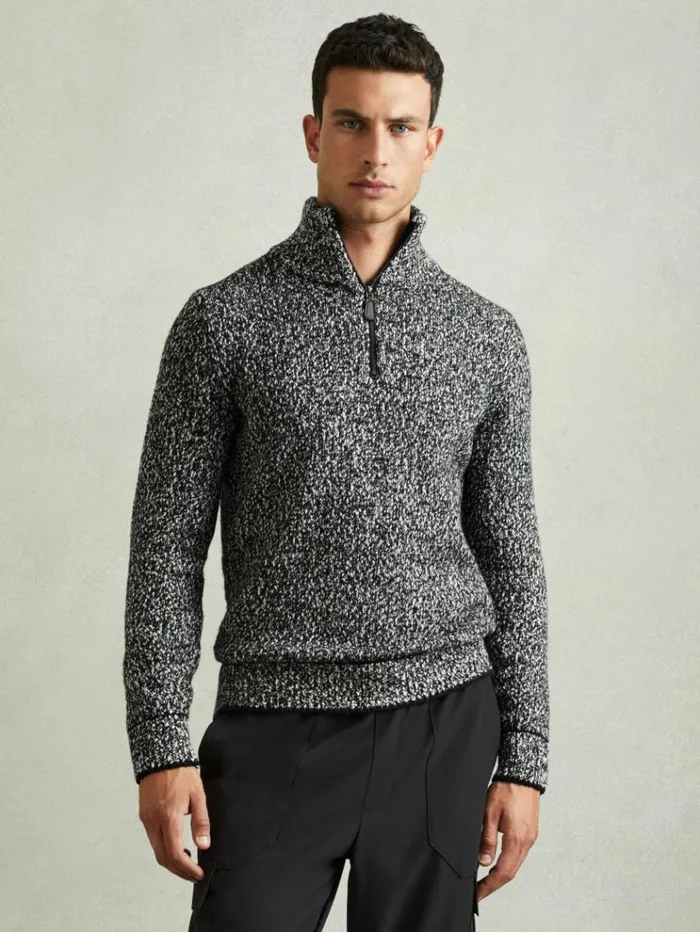 REISS Sweaters Men Marled Cotton And Wool Funnel Neck Jumper Blackwhite
