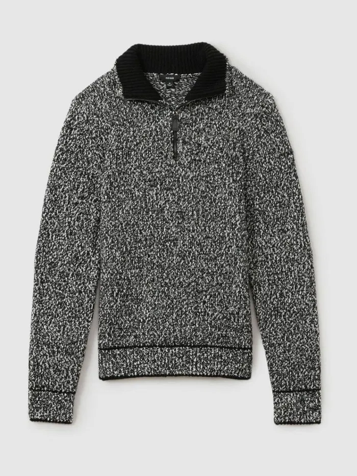 REISS Sweaters Men Marled Cotton And Wool Funnel Neck Jumper Blackwhite