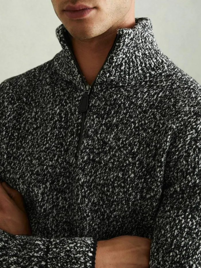 REISS Sweaters Men Marled Cotton And Wool Funnel Neck Jumper Blackwhite