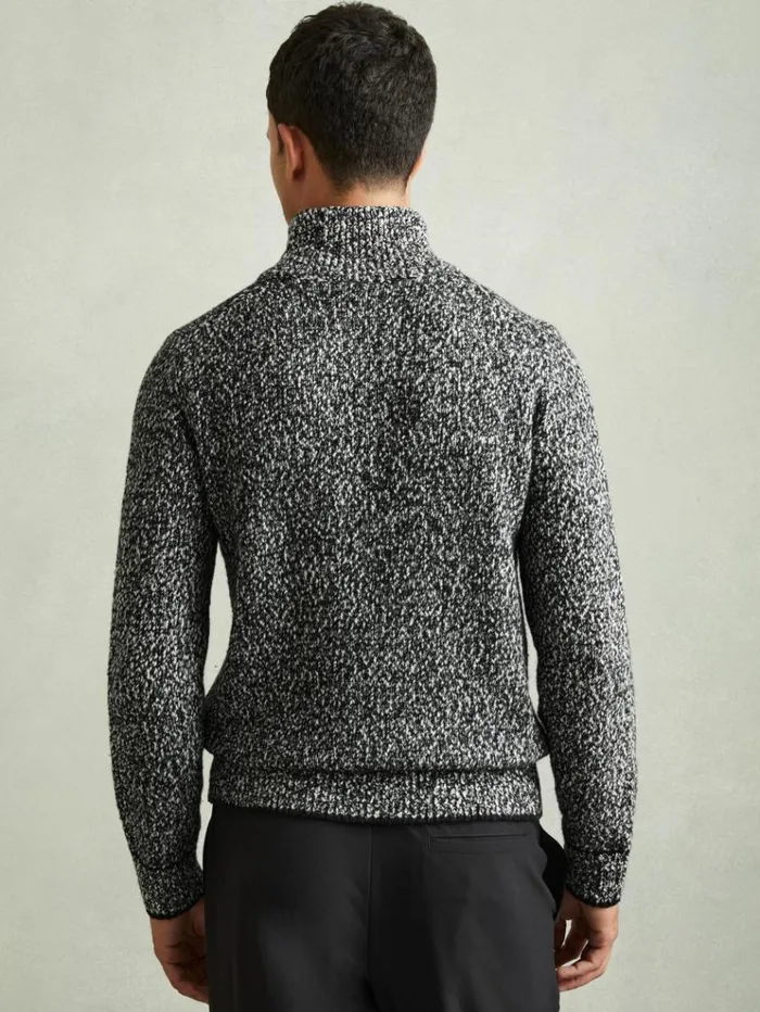 REISS Sweaters Men Marled Cotton And Wool Funnel Neck Jumper Blackwhite