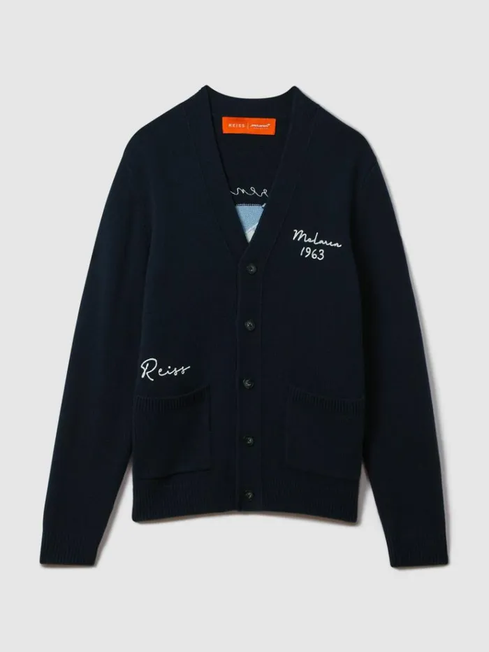 REISS Sweaters Men McLaren F1 Intarsia Cardigan Navy