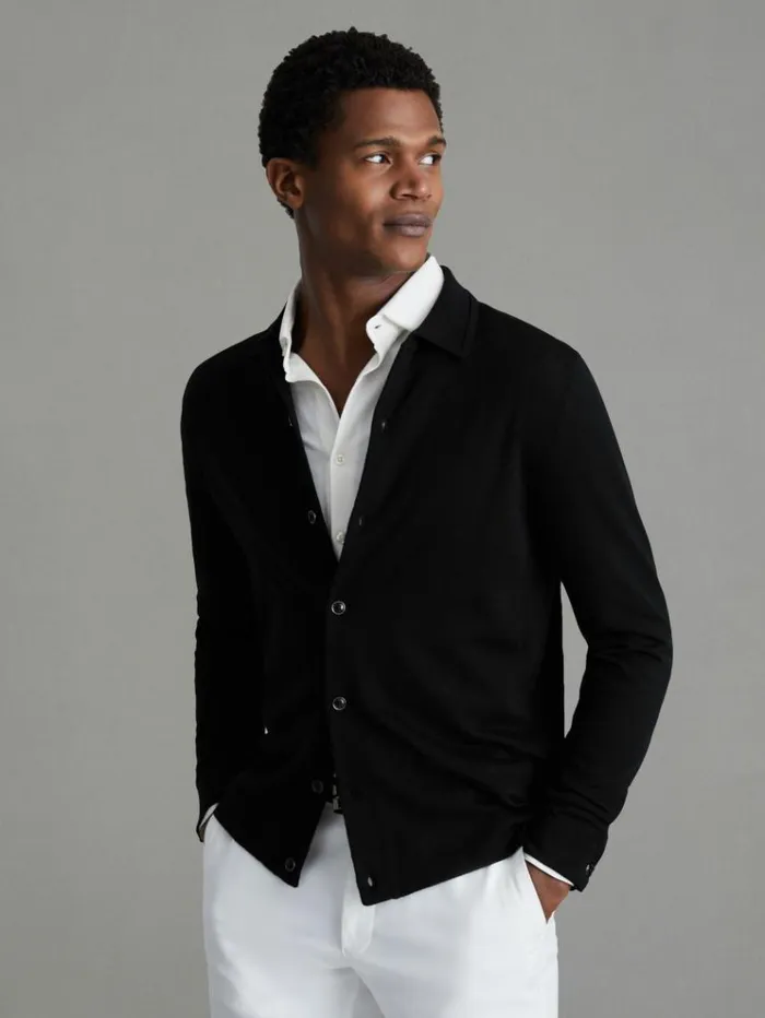 REISS Sweaters Men Merino Wool ButtonThrough Cardigan Black