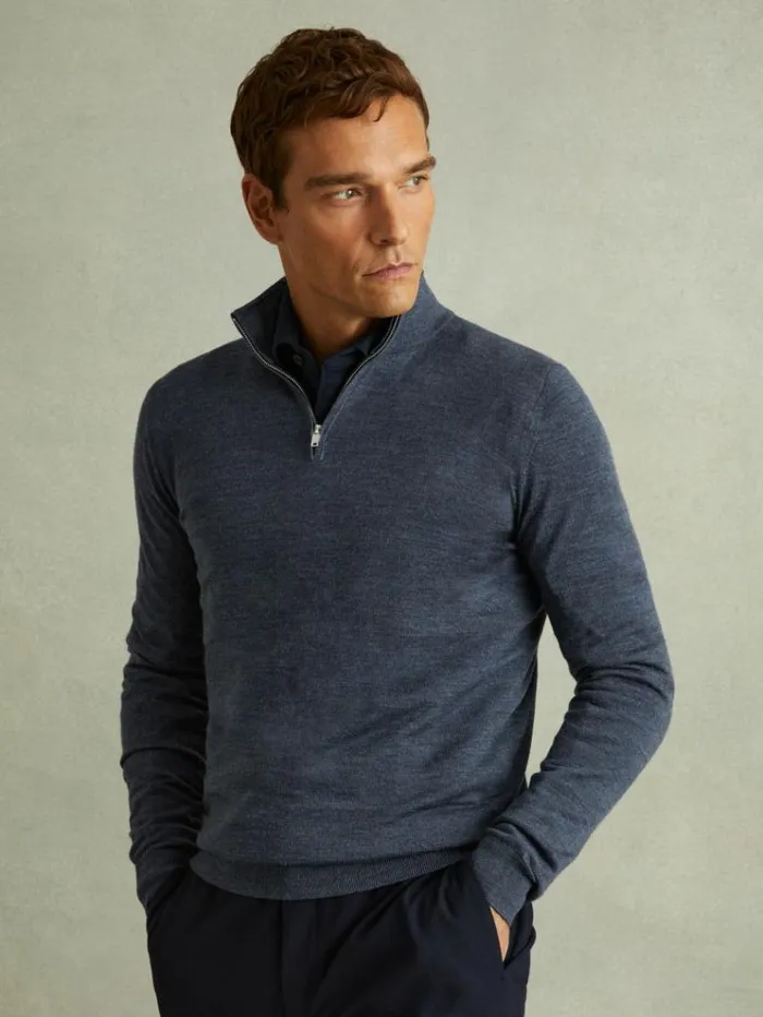 REISS Sweaters Men Merino Wool HalfZip Funnel Neck Jumper Dark Airforce Blue Melange REISS Sweaters Men Merino Wool HalfZip Funnel Neck Jumper Dark Airforce Blue Melange