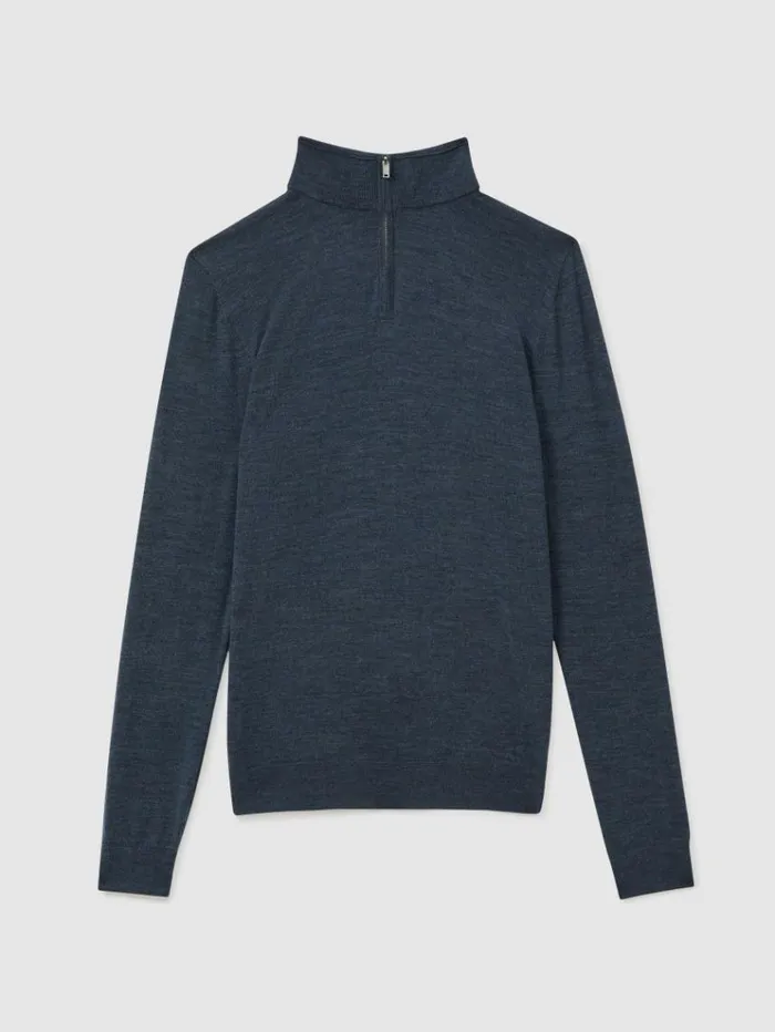 REISS Sweaters Men Merino Wool HalfZip Funnel Neck Jumper Dark Airforce Blue Melange