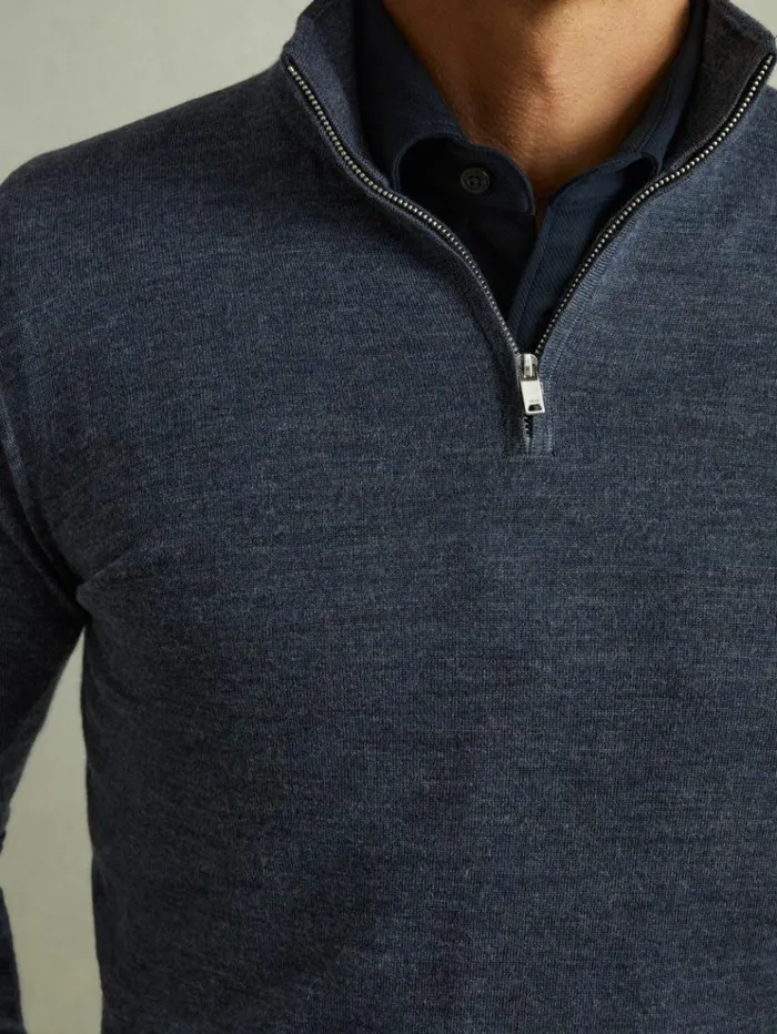 REISS Sweaters Men Merino Wool HalfZip Funnel Neck Jumper Dark Airforce Blue Melange