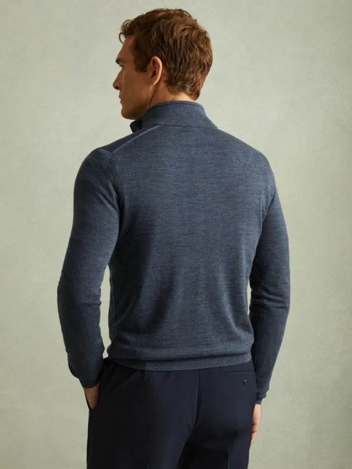 REISS Sweaters Men Merino Wool HalfZip Funnel Neck Jumper Dark Airforce Blue Melange