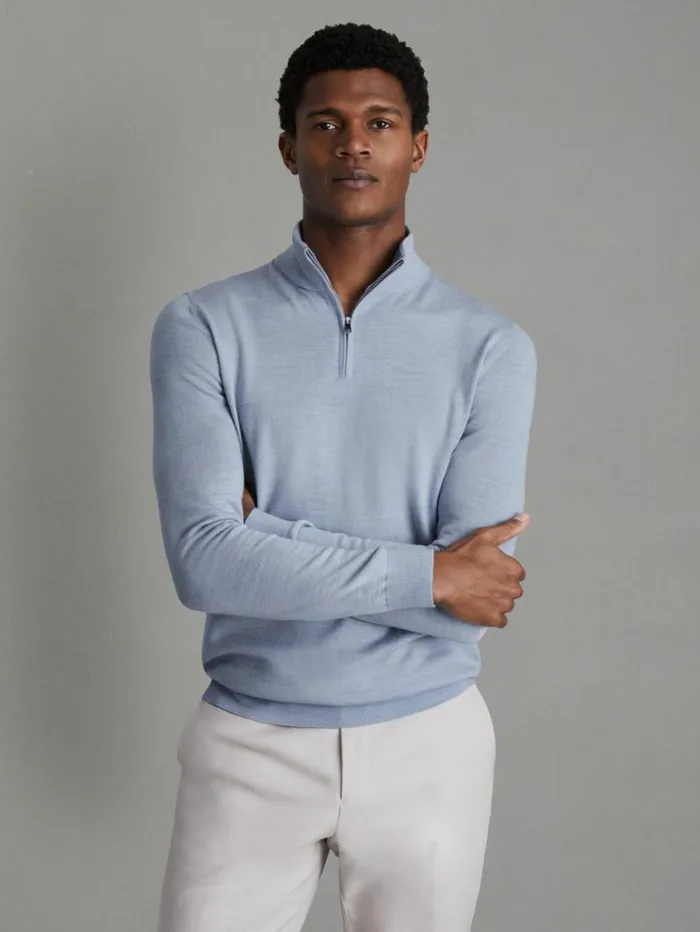 REISS Sweaters Men Merino Wool HalfZip Funnel Neck Jumper Soft Blue Melange