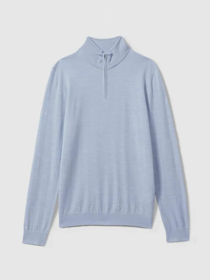 REISS Sweaters Men Merino Wool HalfZip Funnel Neck Jumper Soft Blue Melange