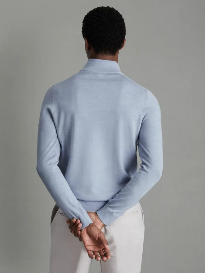 REISS Sweaters Men Merino Wool HalfZip Funnel Neck Jumper Soft Blue Melange
