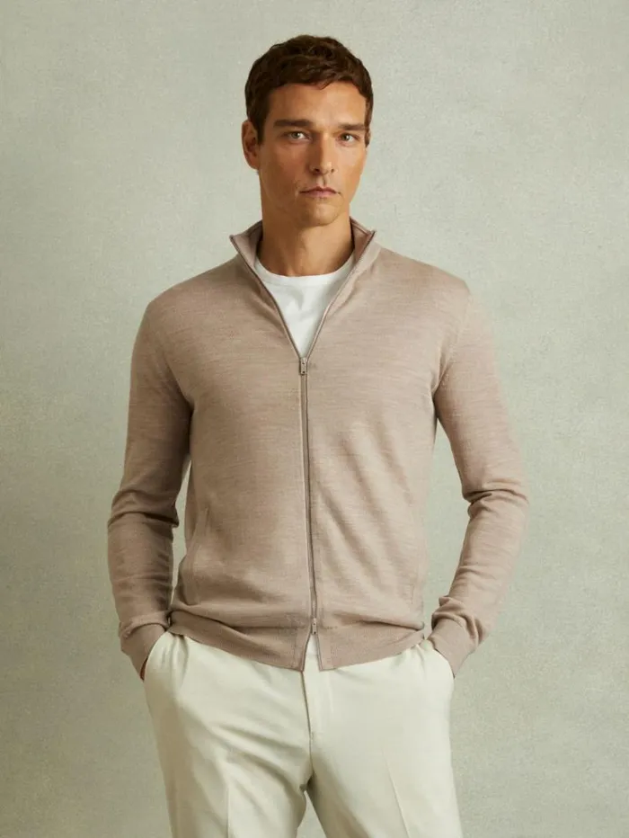 REISS Sweaters Men Merino Wool ZipThrough FunnelNeck Cardigan Wheat Melange