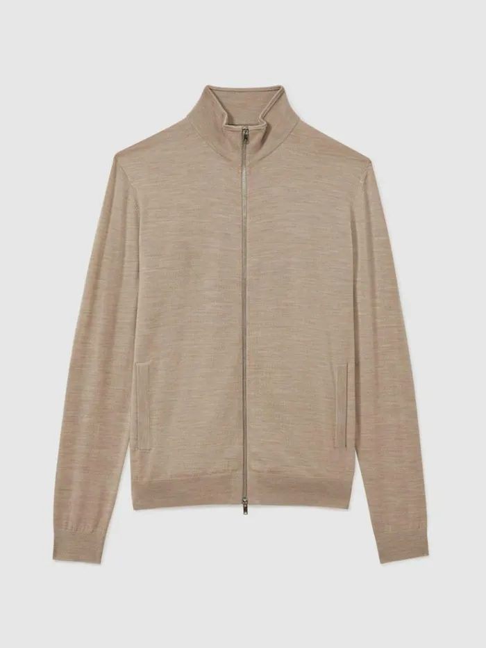 REISS Sweaters Men Merino Wool ZipThrough FunnelNeck Cardigan Wheat Melange