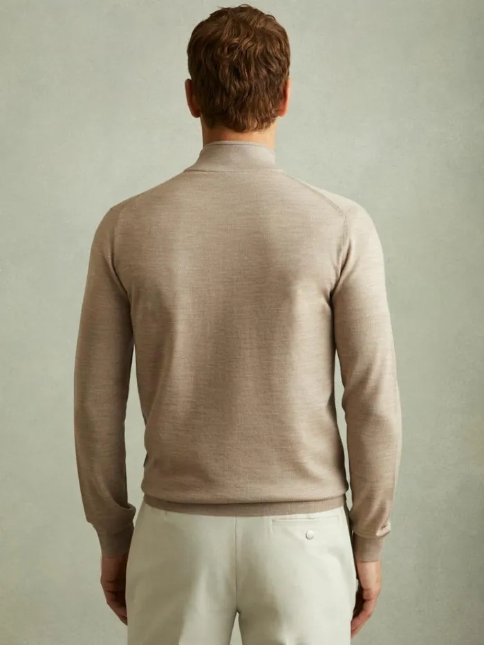 REISS Sweaters Men Merino Wool ZipThrough FunnelNeck Cardigan Wheat Melange
