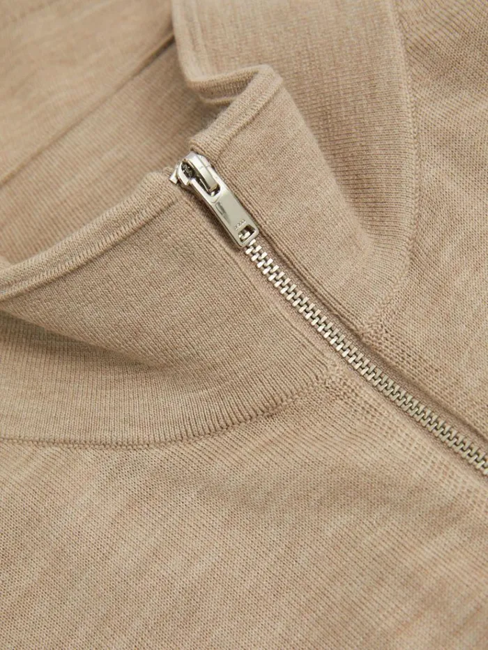 REISS Sweaters Men Merino Wool ZipThrough FunnelNeck Cardigan Wheat Melange