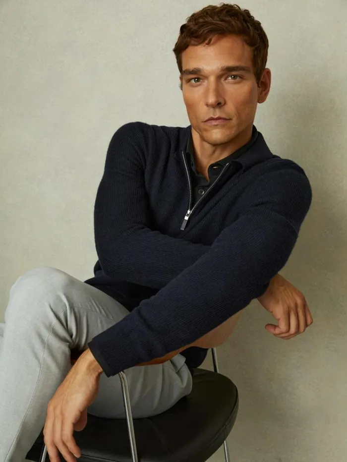 REISS Sweaters Men Wool HalfZip Polo Shirt Navy Blue