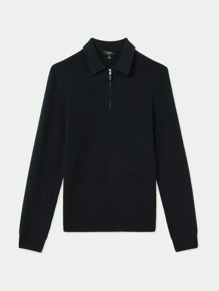 REISS Sweaters Men Wool HalfZip Polo Shirt Navy Blue