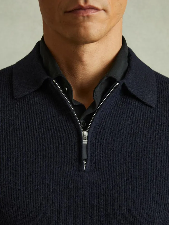 REISS Sweaters Men Wool HalfZip Polo Shirt Navy Blue