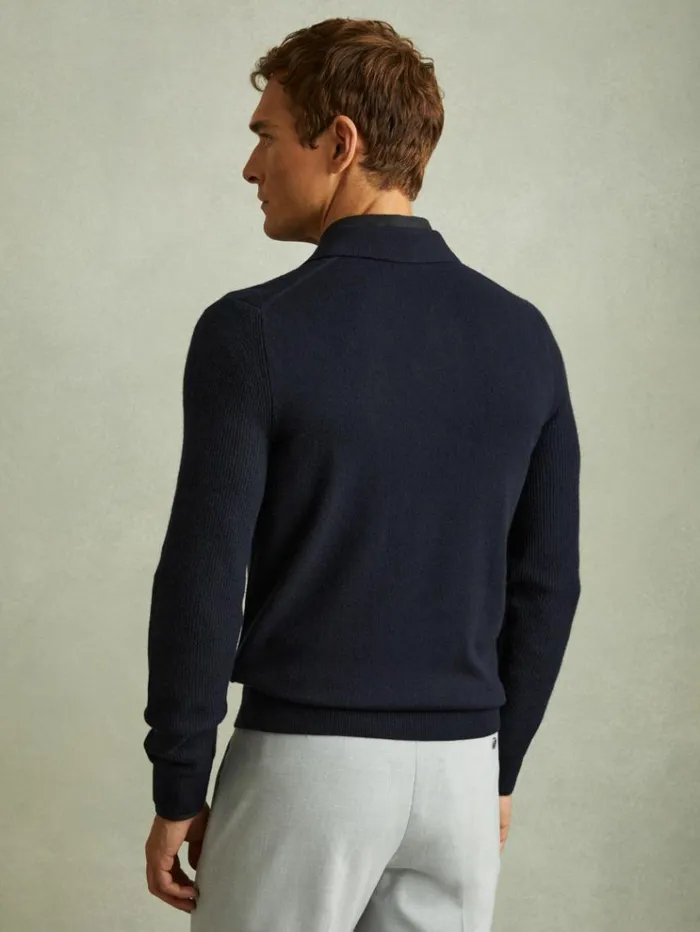 REISS Sweaters Men Wool HalfZip Polo Shirt Navy Blue