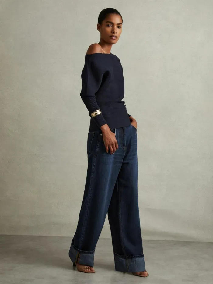 REISS Sweaters Women Asymmetric Draped Knitted Jumper Navy