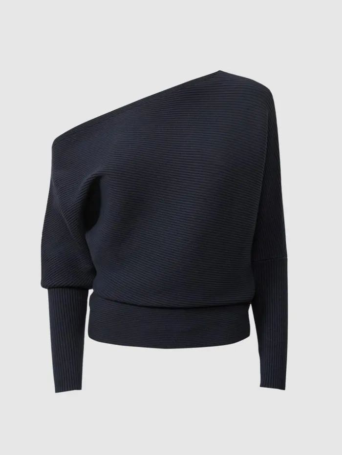 REISS Sweaters Women Asymmetric Draped Knitted Jumper Navy