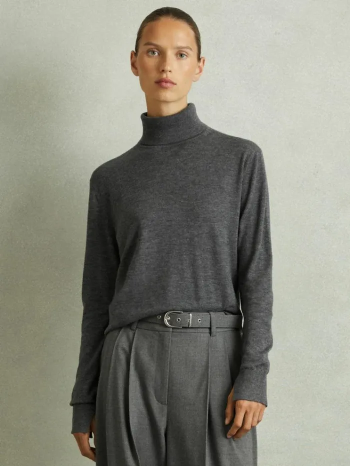 REISS Sweaters Women Merino Wool Roll Neck Jumper Charcoal