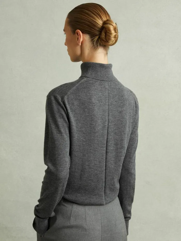 REISS Sweaters Women Merino Wool Roll Neck Jumper Charcoal