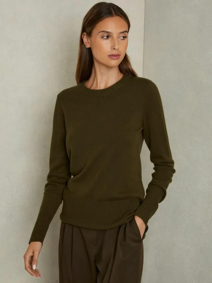 REISS Sweaters Women Wool Blend Crew Neck Jumper With Cashmere Khaki