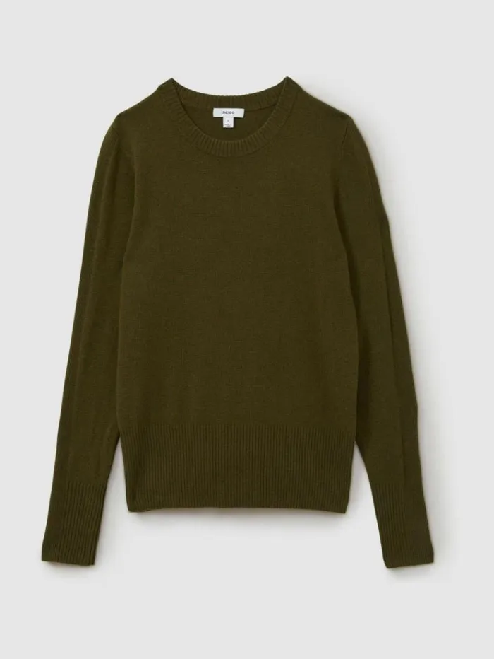 REISS Sweaters Women Wool Blend Crew Neck Jumper With Cashmere Khaki