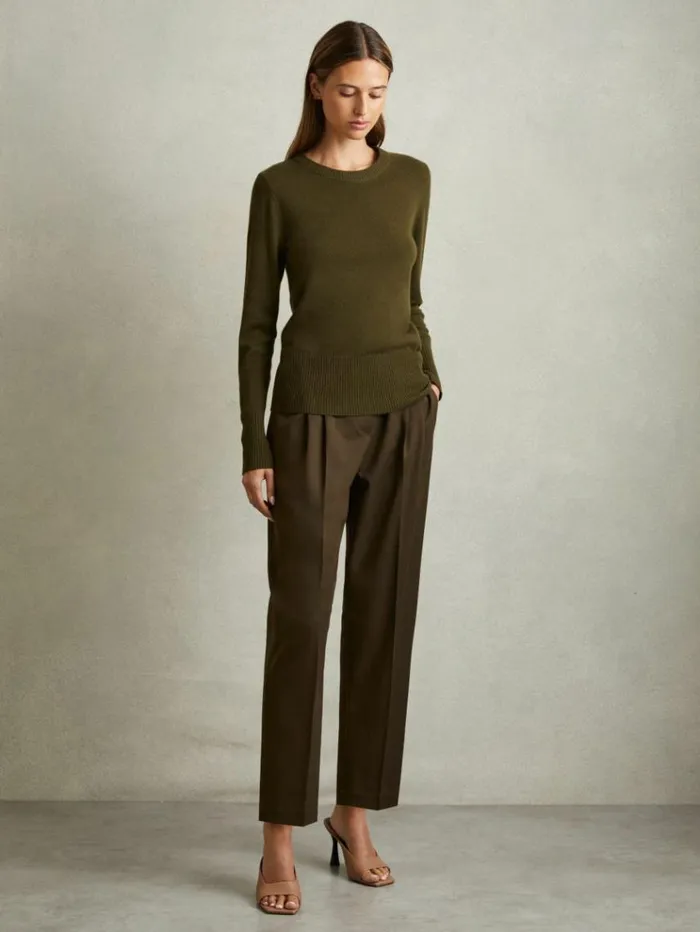 REISS Sweaters Women Wool Blend Crew Neck Jumper With Cashmere Khaki