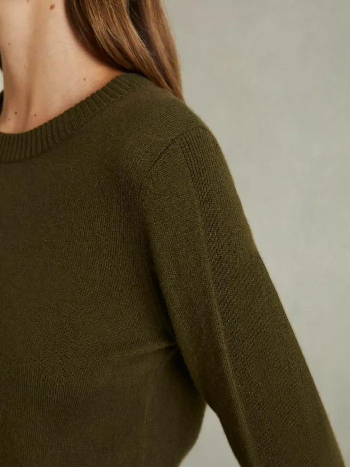 REISS Sweaters Women Wool Blend Crew Neck Jumper With Cashmere Khaki
