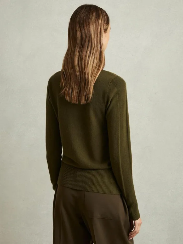 REISS Sweaters Women Wool Blend Crew Neck Jumper With Cashmere Khaki