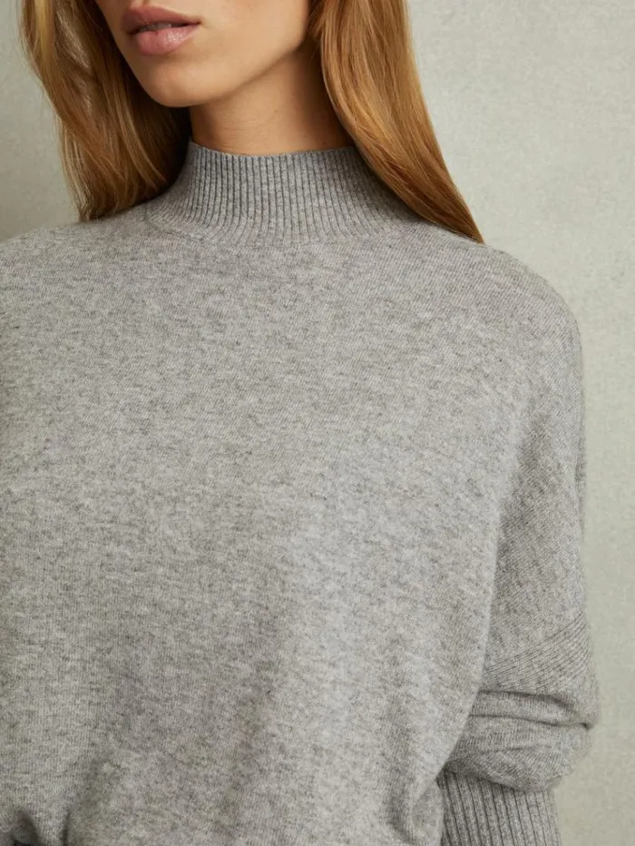 REISS Sweaters Women Wool Blend Funnel Neck Jumper Grey Marl