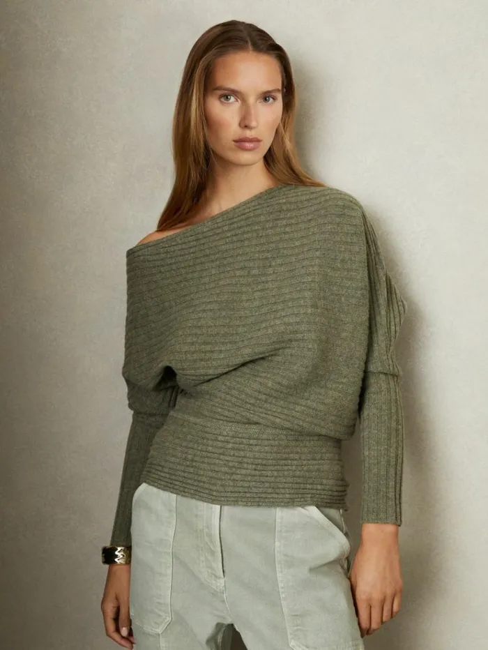 REISS Sweaters Women WoolCashmere OffTheShoulder Draped Jumper Sage