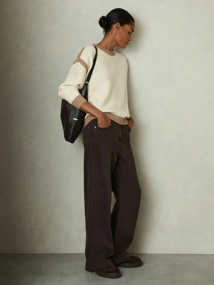 REISS Sweaters Women Wool Colourblock Crew Neck Jumper Creamcamel