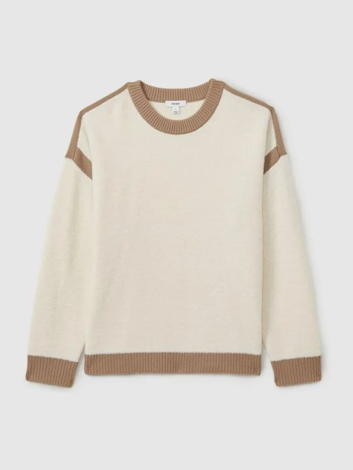 REISS Sweaters Women Wool Colourblock Crew Neck Jumper Creamcamel