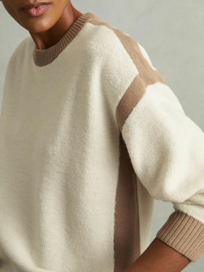 REISS Sweaters Women Wool Colourblock Crew Neck Jumper Creamcamel