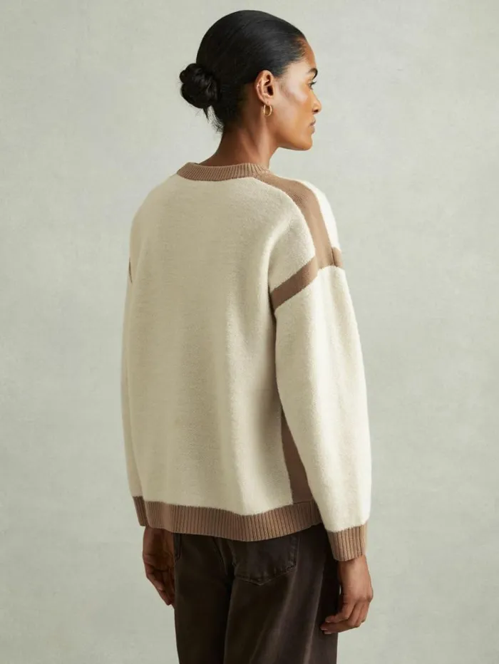 REISS Sweaters Women Wool Colourblock Crew Neck Jumper Creamcamel