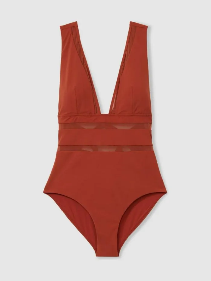 REISS Swimwear Women CrossBack Mesh Swimsuit Rust