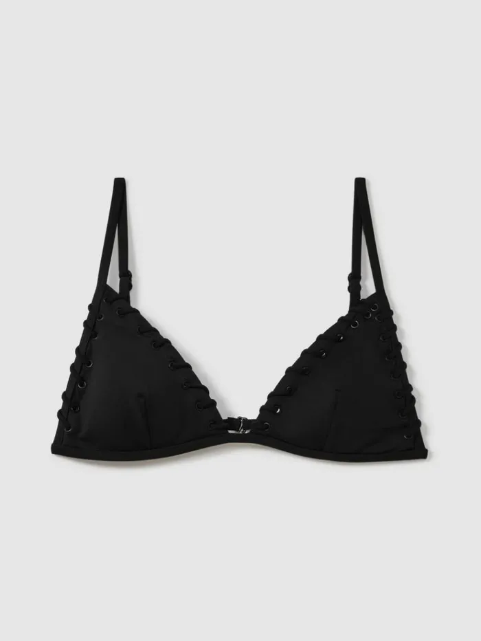 REISS Swimwear Women Good American Whip Stitch Triangle Bikini Top Black