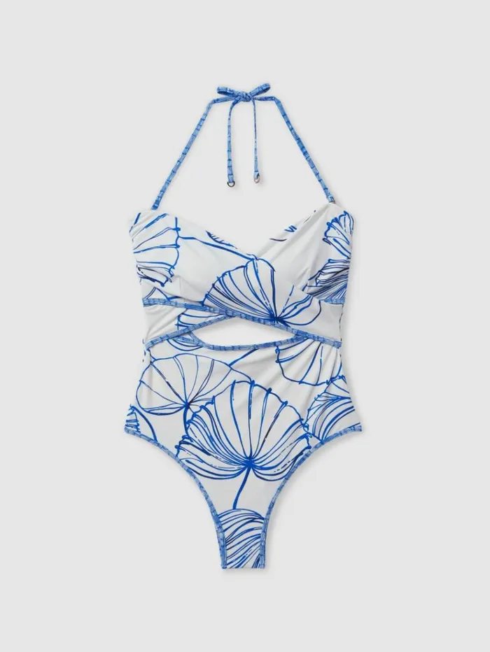 REISS Swimwear Women Printed Wrap Front Swimsuit Natural Print