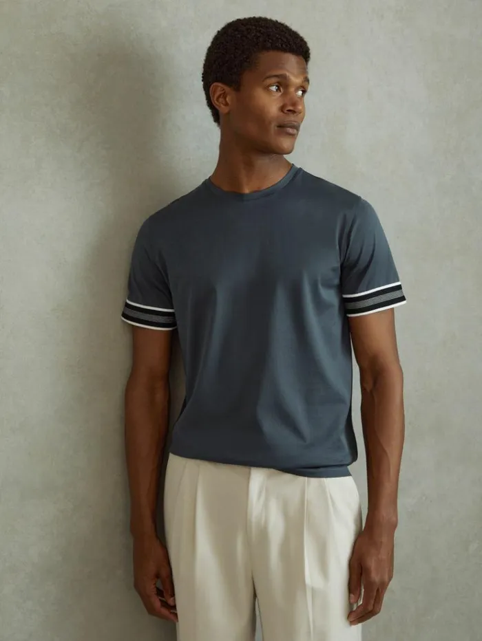 REISS TShirts Men Mercerised Cotton Striped TShirt Steel Blue